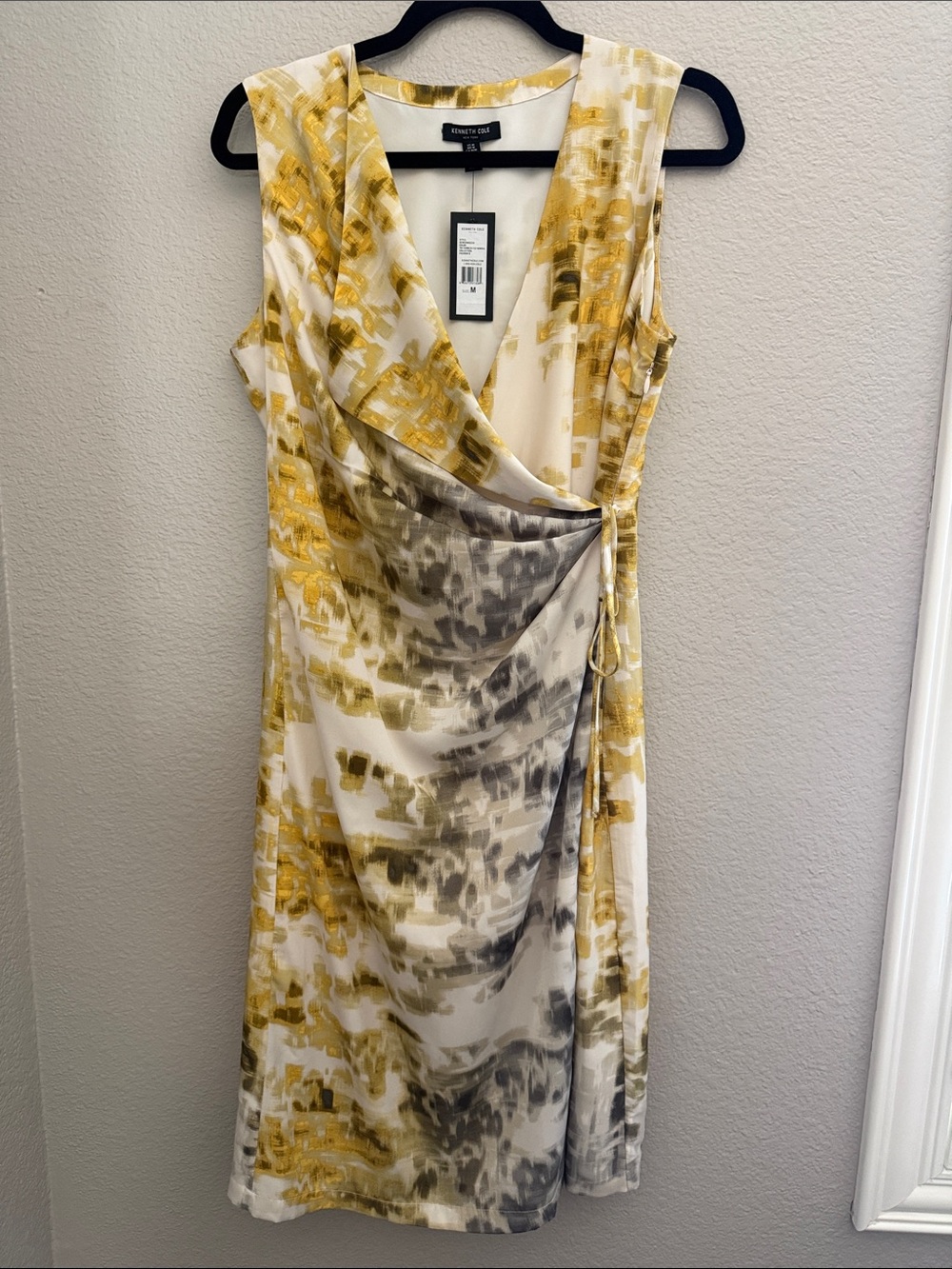 Kenneth Cole Yellow and Gray Abstract Sleeveless Wrap Midi Dress
